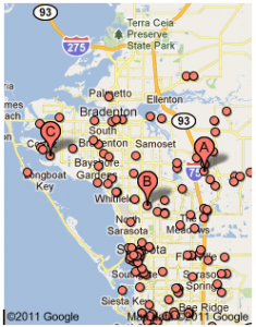 Google Place Map of Bradenton and Sarasota Flood